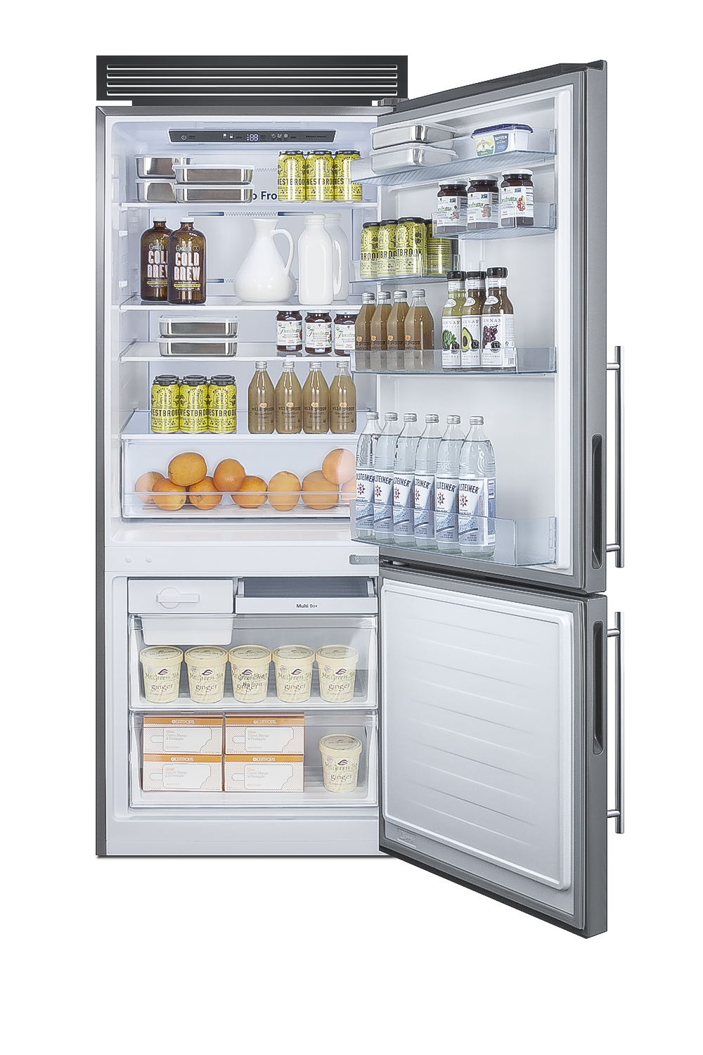 Frost-free ENERGY STAR certified bottom freezer refrigerator in stainless steel with digital controls and a counter depth fit